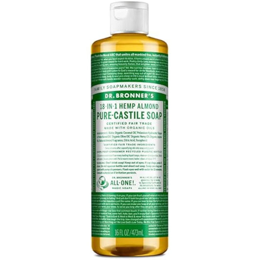 Dr Bronner's 18-in-1 Almond Pure-Castile Liquid Soap, Made with Organic Oils, Used for Face, Body, Hair, Laundry, Pets and Dishes, Certified Fair Trade & Vegan Friendly, 473ml Recycled Bottle