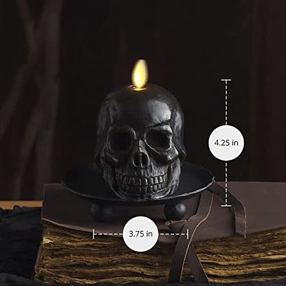 Luminara Flameless Single LED Moving Flame Small Skeleton Skull Figural (3.75" x 4.25") Real Wax LED Candle, Unscented, Timer - Black