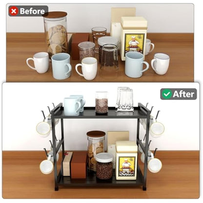 Bethom Coffee Cup Holder Kitchen 12 Hooks Kitchen Storage Rack 2 Tier Coffee Station Organizer Metal Mug Stand Mug Holders for Kitchen Tea Coffee Bar, Black