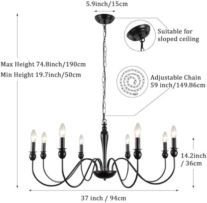 ASHUAQI Black Chandelier, 8-Light Farmhouse Chandeliers Ceiling Light, E14 Socket Pendant Light Fitting Industrial Black Ceiling Lights for Living Room, Kitchen, Hallway, Dining Room, Bedroom