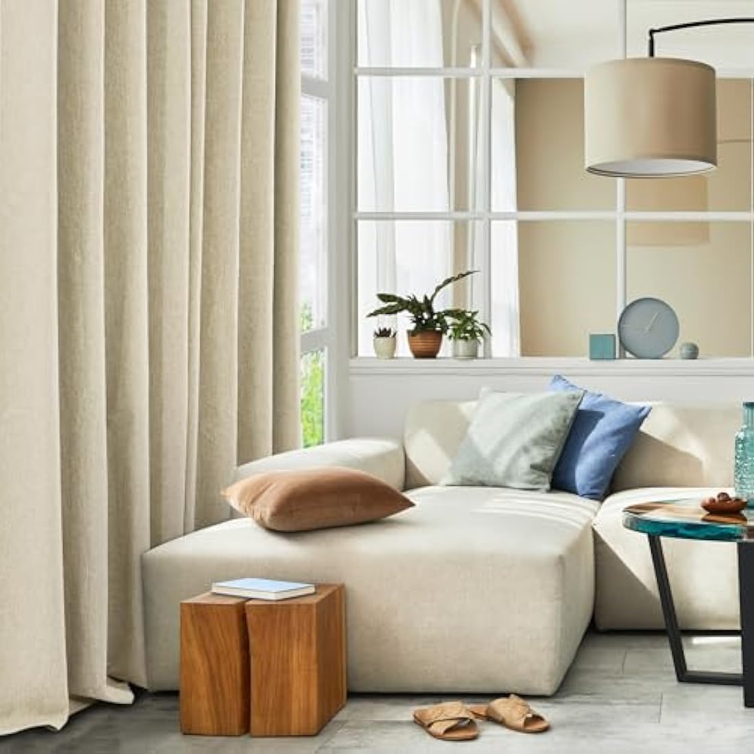 Deconovo Soft Faux Linen Blackout Curtains Energy Saving, Noise Reduction, Stylish Thermal Eyelet Curtains for Living Room, W46 x L90 Inch Oatmeal Beige One Pair