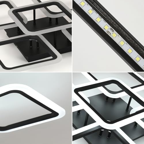 Comely LED Ceiling Light, 61W 7000LM Black Ceiling Lamp Modern, 5 Square Chandeliers 6500K Lighting Fixture for Living Room, Kitchen, Hallway, Dining Room, Bedroom