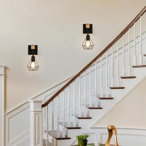 FORCOSO Vintage Wood Wall Lamp 2-Pack, Black E27 Sconce Lights, Industrial Rustic Wall Lighting for Living Room, Bedrooms, Hallway, Stair
