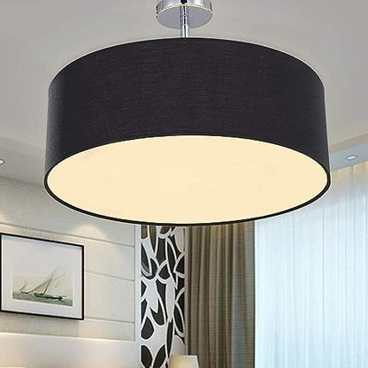 SPARKSOR Ceiling Light, Modern Fabric Pendant Light Shade, Large Black Drum Lampshade, Round Pendant Lamp, for Bedroom Living Room, Flush Chrome Matt, 3 Bulb, E27