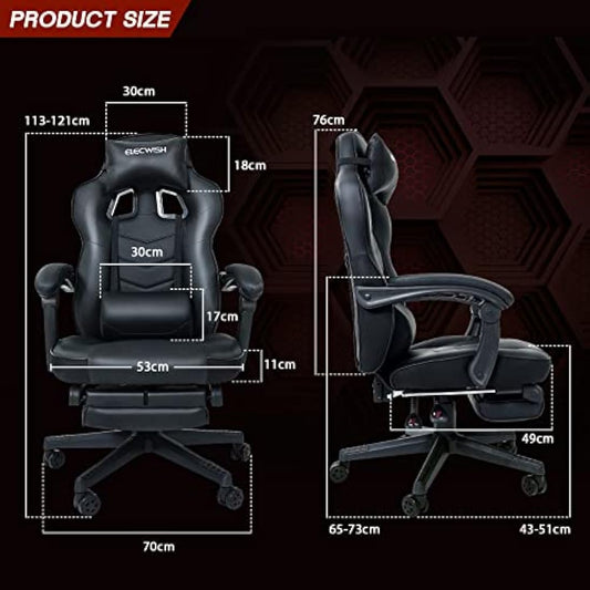 Fullwatt Racing Gaming Chair for adults with Footrest and Massage Lumbar Pillow, Swivel Height Adjustable Reclining PU Leather Video Game Chair, E-Sports Gaming Chair Big and Tall(Black)