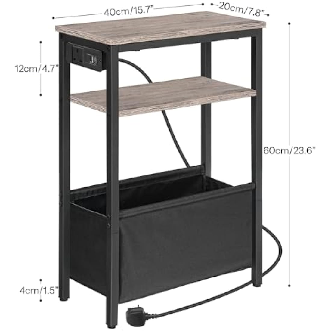 HOOBRO Narrow Side Table, Slim Side Table with Charging Station, USB Ports and Power Outlet, Bedside Table for Small Space, 40 x 20 x 60 cm, for Living Room, Greige and Black EBG125KBZ01