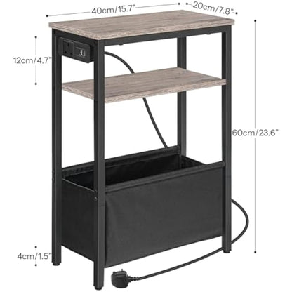 HOOBRO Narrow Side Table, Slim Side Table with Charging Station, USB Ports and Power Outlet, Bedside Table for Small Space, 40 x 20 x 60 cm, for Living Room, Greige and Black EBG125KBZ01