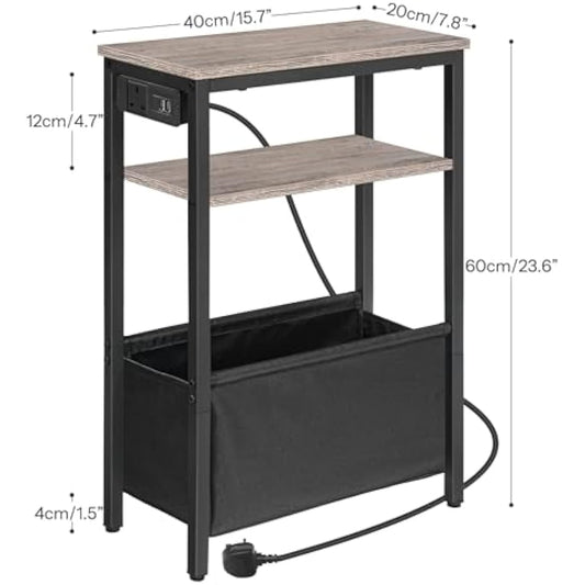 HOOBRO Narrow Side Table, Slim Side Table with Charging Station, USB Ports and Power Outlet, Bedside Table for Small Space, 40 x 20 x 60 cm, for Living Room, Greige and Black EBG125KBZ01