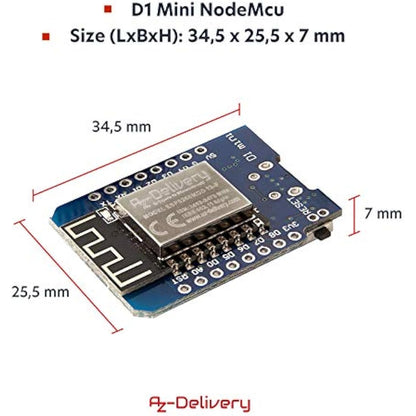 AZDelivery 5 x D1 Mini NodeMcu WiFi Board ESP8266-12F CH340G WLAN ESP8266 Micro USB Lua Module 3.3V 500mA compatible with Arduino Including E-Book!