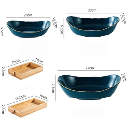 Simcat Fruit Plate Set Fruit Basket for Kitchen Counter, Ceramic Fruit Bowl,Large Capacity Fruit Bowl Set with Holder, Bamboo Fruit Serving Tray (Three Layer Dark Green)