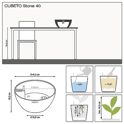 Lechuza Self Watering Plant Pot CUBETO Stone 40 Garden Flower Indoor and Outdoor Plastic Planter with Drainage Hole D40 H18 cm Graphite Black