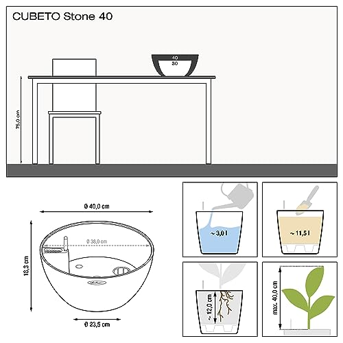 Lechuza Self Watering Plant Pot CUBETO Stone 40 Garden Flower Indoor and Outdoor Plastic Planter with Drainage Hole D40 H18 cm Stone Grey