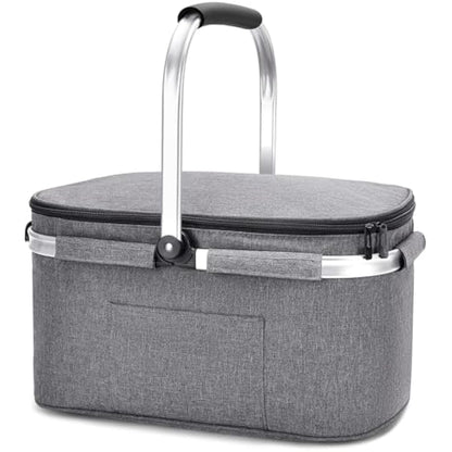 ALLCAMP Cool Bag - Insulated Shopping Basket with Lid, Ice Box Cooler,Removable Picnic Basket for 4 People, Thick Thermal Basket with Aluminum Frame (Large Gray)