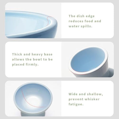 CEEFU 2 Extra Wide Elevated Cat Food Bowl, Ceramic Cat Bowls for Food and Water, Wide Shallow Cat Food Dish, Whisker Fatigue, Lead & Cadmium Free, Great Height for Cat, Blue
