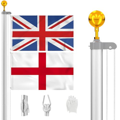 ZMTECH 20FT Sectional Flag Pole Kit for Outside, Aluminium Garden Flag Pole Stand with 2 Flags, Rope and Clips for Festival, Yard, House, Residential