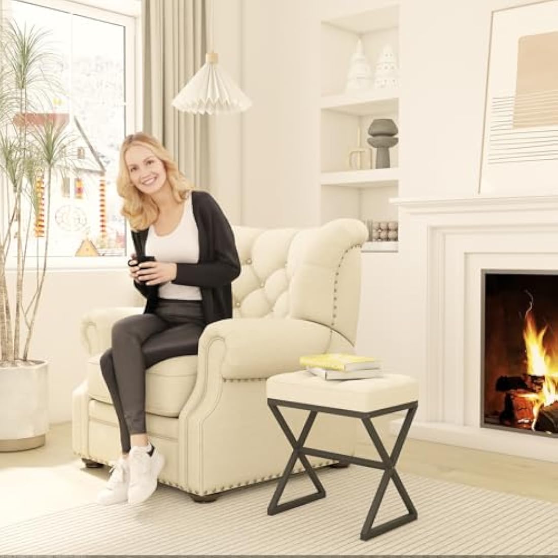 YMYNY Vanity Stool, Linen Footrest Stool, Square Ottoman Bench with X-Shaped Metal Legs, Makeup Dressing Stool for Vanity, Living Room, Bedroom, Entryway, Hallways 40×30×46CM Beige HBD033Y