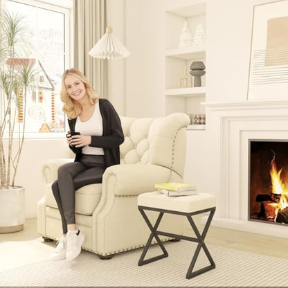 YMYNY Vanity Stool, Linen Footrest Stool, Square Ottoman Bench with X-Shaped Metal Legs, Makeup Dressing Stool for Vanity, Living Room, Bedroom, Entryway, Hallways 40×30×46CM Beige HBD033Y