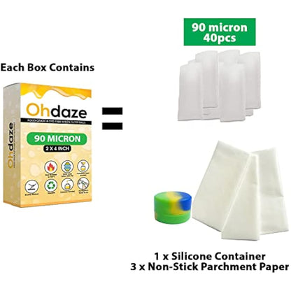 Ohdaze Nylon Filter Bags 2x4 inch | 40 Pack | 90 Micron Press Bags | 3 x Parchment Papers | 1 x Wax Container | Double-Stitch Nylon Micron Press Bags