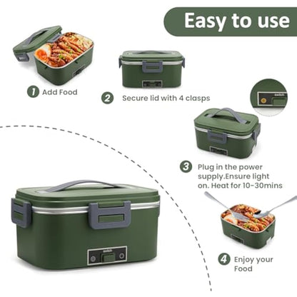 BYbrutek Electric Lunch Box 100W, 1.8L Removable Stainless Steel, 3-in-1 Portable Heated Lunch Box, 12V/24V/220V Insulated Heat Box for Car/Truck/Office/Home, with Insulated Bag and Sponge (Green)