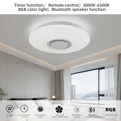 Horevo LED Ceiling Light Flush Mount Fixture with Bluetooth Speakers, 36W 20 Inch 6500K, Dimmable Recessed Down Lights, APP Remote Control/Timer/Color