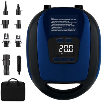 Sup Electric Pump,20psi Electric Paddle Board Pump with 5 Nozzles,Smart Inflation Auto-Off, Digital Adjustable LCD Function,12V Electric Pumpe for Sup and Inflatable Kayaks (Dark Blue)
