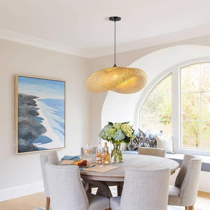 Schindora Boho Pendant Light,Creativity Hat E27 Rattan Lampshade Retro Light Straw Hanging Lights Weaving Pendant Lights for Dining Room Tea Room Living Room,60Cm