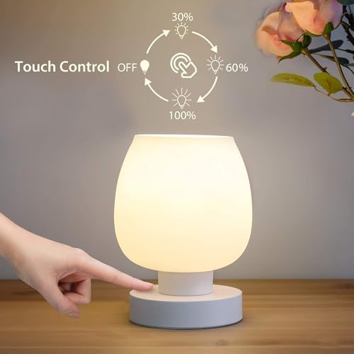 ONEWISH Touch Bedside Table Lamp Set of 2 - Small Modern, 3-Way Dimable Desk lamp with White Opal Glass Lamp Shade, 3000K LED Bulb, Simple Design Home Décor for Bedroom Living Room Nightstand