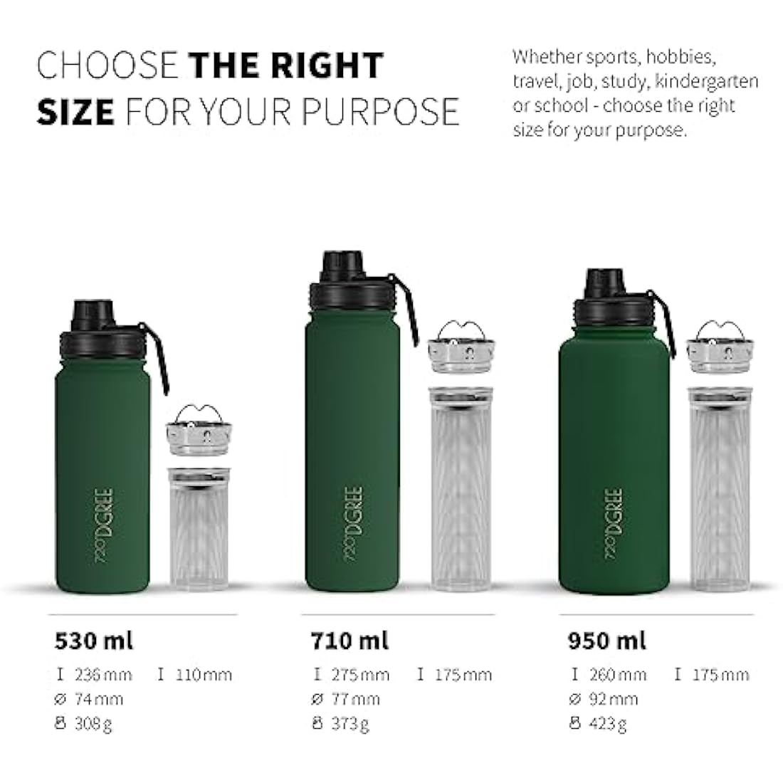 720°DGREE Vaccum Insulated Water Bottle + Infuser “noLimit“ - 950ml - Leakproof, BPA-Free, Thermo Stainless Steel Flask - Carbonated Drinks, Sports, School, Travel, Hiking, Outdoor +Sports-Cap