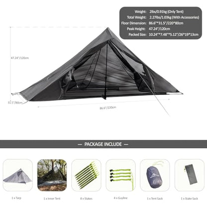 Nature Link Altair One Ultralight Trekking Pole Backpacking Tent, Waterproof SIL Nylon, Double Wall, 3 Season, 1 Person Shelter for Backpacking, Hiking, Camping, Trekking, Bushcraft