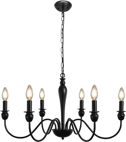 MRHYSWD Black Chandelier, 6 Lights Metal Vintage Chandeliers Ceiling Lights Living Room Bedroom Kitchen Hall, Vintage Pendant Light with E14 Socket - Height Adjustment - Without Bulbs