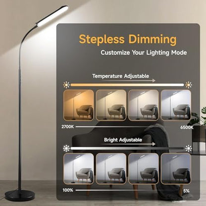 LED Uplighter Floor Lamp Adjust freely, 18W 1800LM Dimmable Floor Standing Lamp with Remote & Touch Control, 1min Installation, Standard Eye Caring Reading Lamps Living Room Modern for Bedroom (Black)