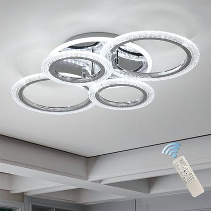 Qcyuui 58W Dimmable LED Ceiling Light, Modern 4-Ring Acrylic Flush Mount Chandelier for Living Room, Bedroom, Dining Room, Chrome Finish