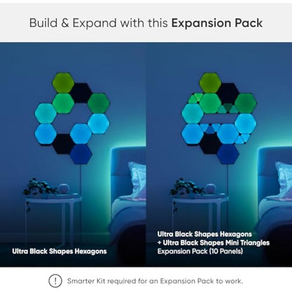 nanoleaf Shapes Ultra Black Mini Triangle Expansion Pack, 10 Additional Smart Light Mini Panels LED RGBW - Modular Wi-Fi Colour Changing Wall Lights, Works with Alexa Google Assistant Apple Homekit