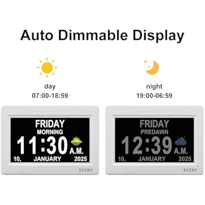YCOO Dementia Clock, Day Date Digital Clock with Sun/Moon Icons, Large Clear Digital Display, Auto DST, 7 Display Modes, Wired Power Supply Clocks. (7 Inch White)