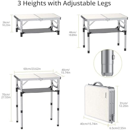 Anbte Folding Camping Table with Storage Net, 3 Adjustable Heights Aluminum Small Folding Table, Waterproof Lightweight Foldable Stored for Outdoor Indoor Picnic Beach Backyard, 60cm x 40cm, Silver