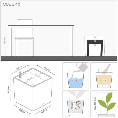 Lechuza Self Watering Plant Pot CUBE 40 Garden Flower Indoor and Outdoor Plastic Planter with Drainage Hole H40 L40 W40 cm Charcoal Metallic