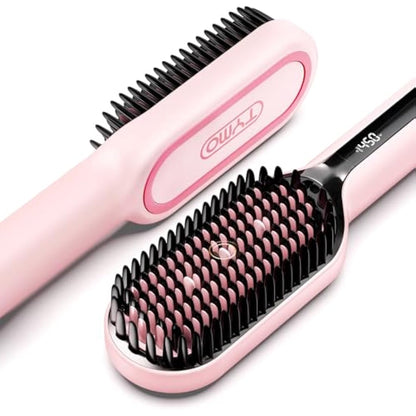 TYMO Ionic Plus Hair Straightener Brush UK, Upgraded Straightening Brush with Dense Bristles for Thick Hair, 16 Temps (80℃~230℃) LED Display, 10 Million ions, Dual Voltage, Hot Brush for Women (Pink)