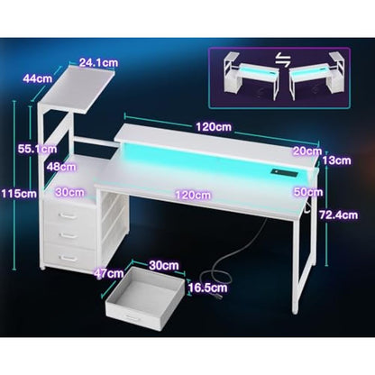 Coleshome 150×50 cm Gaming Desk with LED Lights & Power Outlet, Reversible Computer Desk with Drawers, Gaming Table with Storage & Monitor Stand, Carbon Fiber White