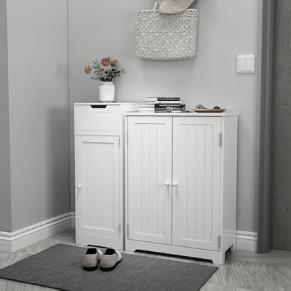 Mondeer Bathroom Floor Cabinet, Storage Unit With 1 Drawer 1 Door 2 Shelves, 32x30x87cm White MDF Painted Wood Free Standing Cupboard for Bathroom Living Room Porch