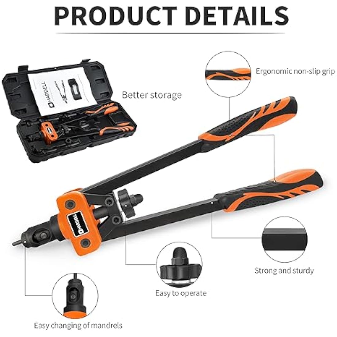 HARDELL Rivet Tool Kits, Rivet Nut Pliers Set, 14" Heavy Duty Hand Rivnut Gun with 150 Rivet Nuts and M3 M4 M5 M6 M8 M10 6 Metric Mandrels，Heat-treated Alloy Steel better for Thick Sheet Steel
