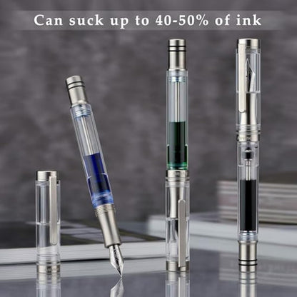Asvine V200 Titanium Fountain Pen Vacuum Filling, Iridium Medium Nib Clear Transparent Acrylic Smooth Writing Pen Case Set