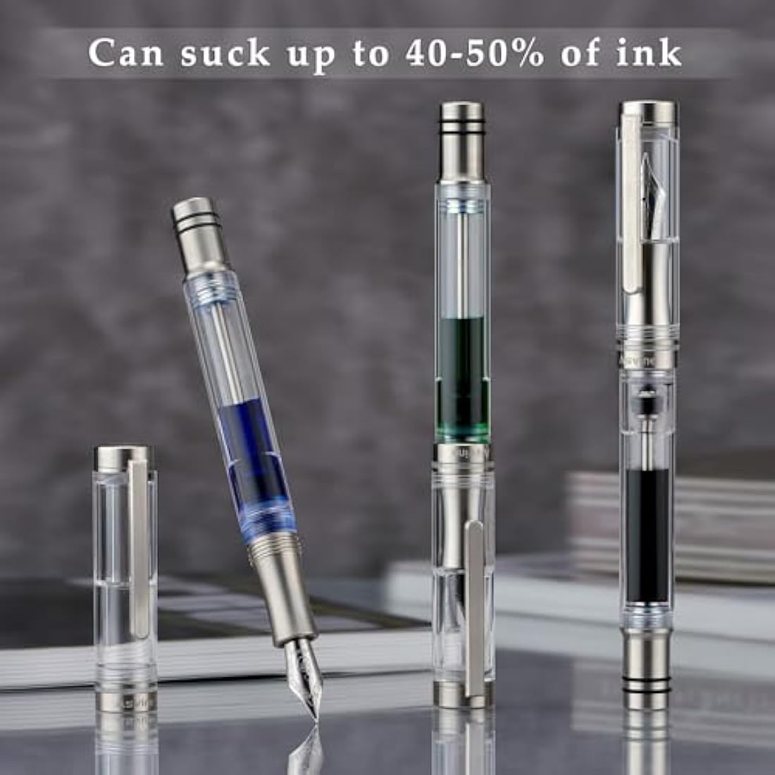 Asvine V200 Titanium Fountain Pen Vacuum Filling, Iridium Extra Fine Nib Clear Transparent Acrylic Smooth Writing Pen Case Set