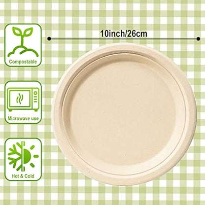 GREENESAGE Rigid 10 inch 100 Pack Disposable Paper Brown Plates Sugarcane Large Strong Dishes for Picnic Wedding Party BBQ
