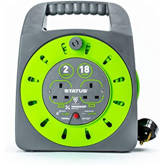STATUS 2 Socket Cable Reel, 18m, Green Extension Lead, 13 Amp, Thermal Cut Out, Heavy Duty, Outdoor Power Supply, Ideal for Garden, Workshop, DIY, Power Tools (S18M2G13ACR4)