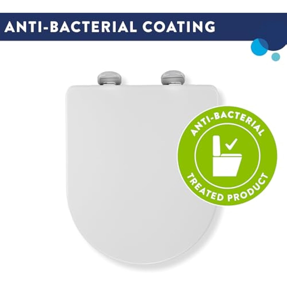 Croydex Eyre Soft Close Toilet Seat D Shape - Quick Release Button for Easy Cleaning and Adjustable Hinges with Top and Bottom Fixings Included, Antibacterial Treated Surface (White D-Shape)