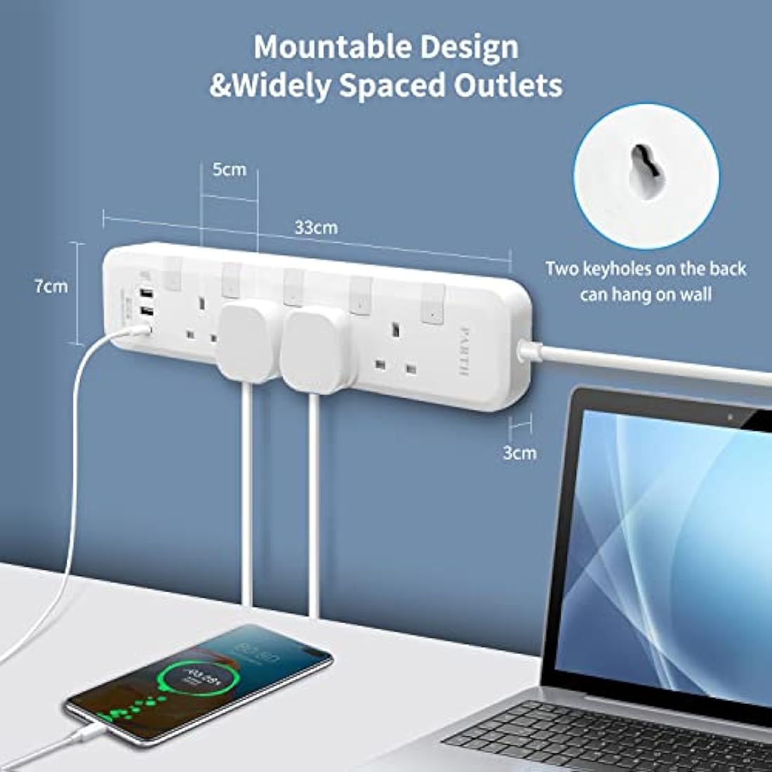 Extension Lead with USB Slots, 3m Long Heavy Duty Cable Extension Cord, Surge Protected Extension Plug with PD18W QC 3.0 USB Ports, 3 Metre 4 Way UK 13a Plug Extension Sockets Power Strip with Switch
