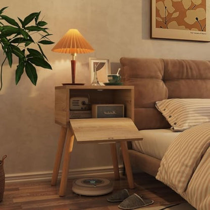 YMYNY Nightstand Set of 2, End Table, Small Bedside Table, Handmade Rattan Decorated Drawer, Solid Wood Legs, 35×27×53cm, Modern Side Table for Bedroom, Living Room, Natural HST010N-2