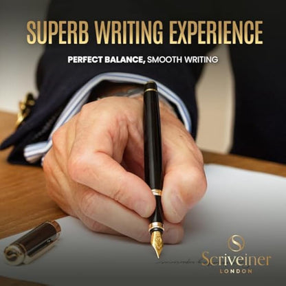 Scriveiner Black Lacquer Fountain Pen - Stunning Luxury Pen, Real Gold Plating, Schmidt Gilded Nib (Medium), Best Pen Gift Set for Men & Women, Professional, Executive, Office, Nice Pens
