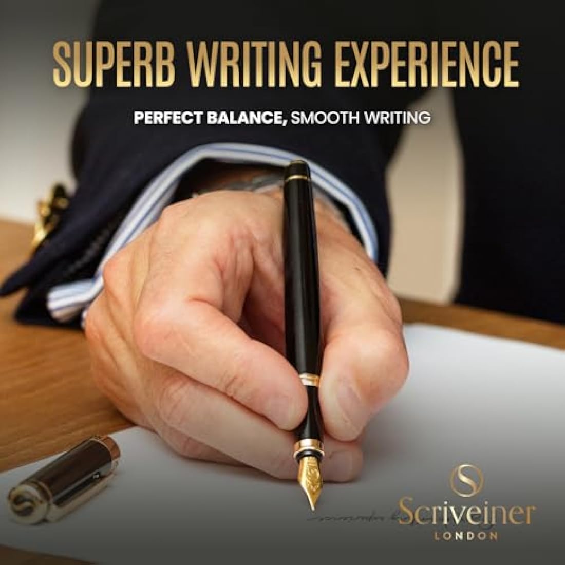 Scriveiner Black Lacquer Fountain Pen Stunning Pen, Real Gold Plating, Schmidt Gilded Nib (Extra Fine), Best Pen Gift Set for Men & Women, Professional, Executive, Office, Nice Pens