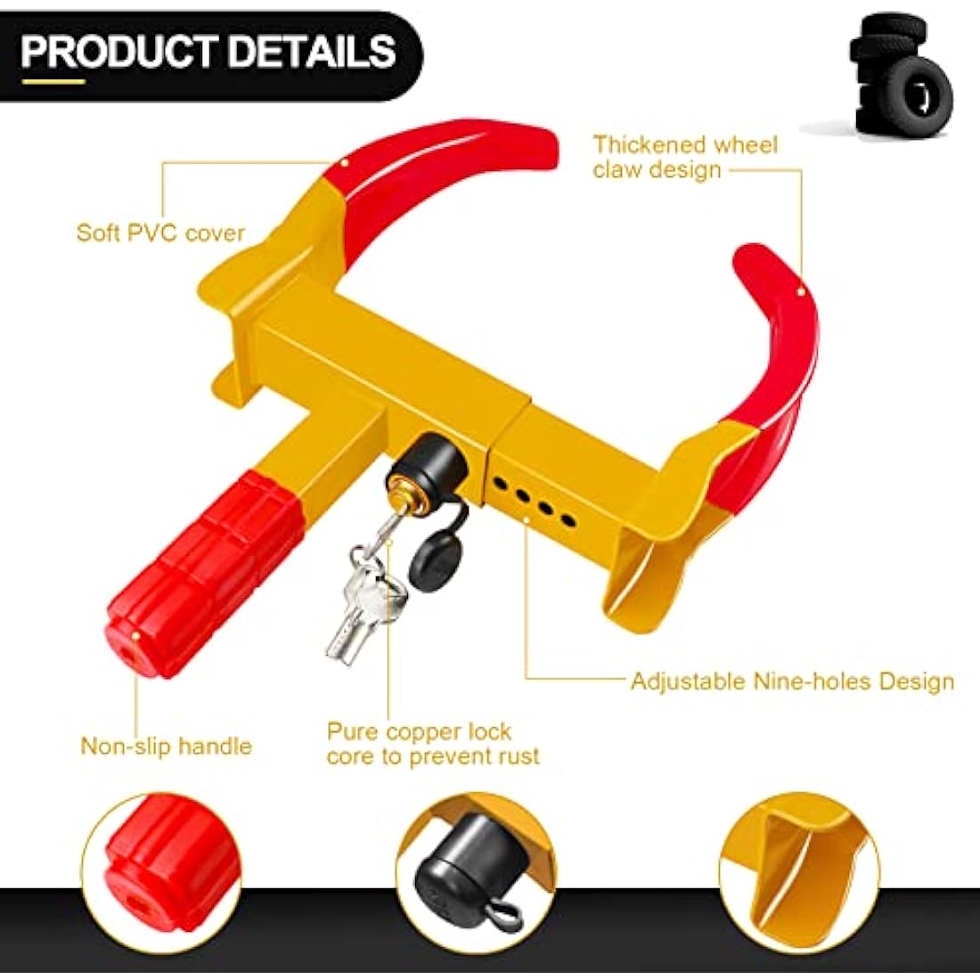 MAIKEHIGH Wheel Clamp, Heavy Duty Wheel Clamp Lock Universal Anti-Theft Locking for Cars, Caravans, Trailers, Van, Adjustable Nine-Hole with 3 Keys